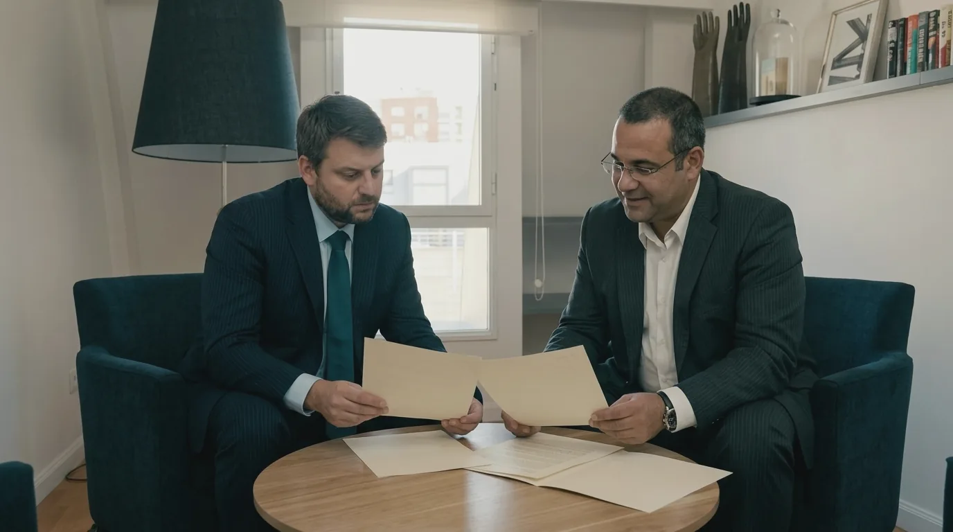 Patricio y Pascual Blanco Ilari analizando documentación en la sala de reuniones del estudio.
